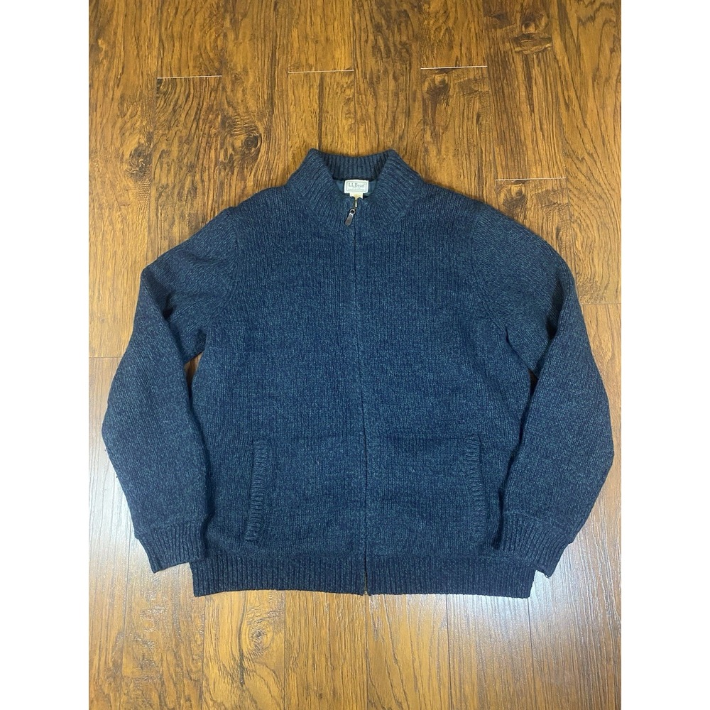 LL Bean Cardigan Sweater X Large Blue Green Full Zip‎ Lambs Wool Cotton